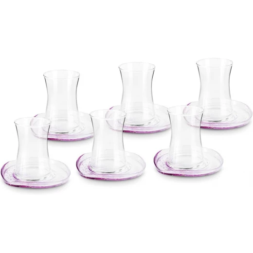 Karaca Petunya 6 Person Tea Set, Elegant Purple Glass Tea Cups and Plates