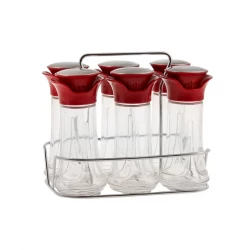 Karaca Nori Spice Jar Set 7 Piece Red Glass Kitchen Storage Containers Airtight with Lids and Spoons for Organized Pantry and Countertop Use 150-180 Characters