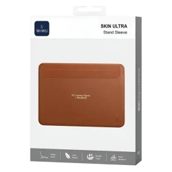 WiWU Skin Ultra Stand Sleeve for MacBook 15.3-Inch, Brown, Premium PU Leather, Water & Scratch Resistant, Built-In Stand with Secure Hidden Magnetic Closure