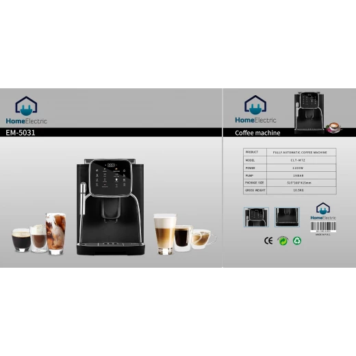 EM-5031 Automatic Espresso Coffee Machine 19 Bar 1200W Power with Integrated Grinder, Black Finish, Enjoy Freshly Brewed Coffee at Home, 1 Year Warranty - Home electric - Image 2