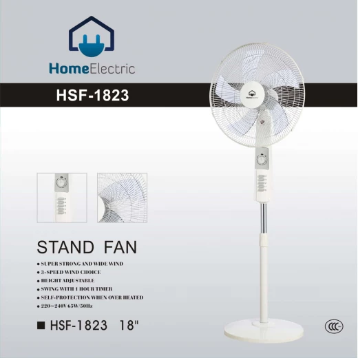 مروحة ستاند رويال وايت HSF1823 مقاس 18 بوصة، تتميز بـ 3 سرعات للرياح، مؤقت مدمج لمدة ساعة واحدة، حماية من الحرارة الزائدة، وضمان لمدة سنة لتبريد فعال وآمن. - هوم الكترك - Image 2