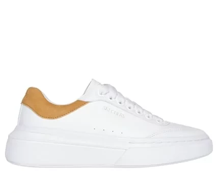 Skechers Women's Cordova Classic Best Behavior Sneakers White and Tan Court Style Shoes with Air-Cooled Memory Foam Insole. Lace Up Design. Available in Size 39.5. Skechers Women's Cordova Classic Best Behavior Sneakers White and Tan Court Style Shoes with Air-Cooled Memory Foam Insole. Lace Up Design. Available in Size 39.5.
