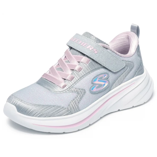 Skechers Girls' Wave 92 Light Gray Athletic Sneakers with Sparkle Mesh Upper, Stretch Laces, Adjustable Instep Strap, and Cushioned Comfort Insole, Size 34 - Skechers - Image 4