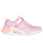 حذاء رياضي Skechers للبنات من طراز Tide Tech باللون الوردي مقاس 27، يتميز بجزء علوي شبكي لامع، وأربطة مطاطية، وحزام قابل للتعديل على مشط القدم، ونعل أوسط مبطن مع فتحة تهوية للعب النشط