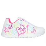 حذاء رياضي Skechers Uno Lite My Drip للبنات بتصميم نجوم قطرات الطلاء، نعل داخلي من إسفنج ميموري فوم المبرد بالهواء، ونعل أوسط مبطن على شكل إسفين، أبيض متعدد الألوان، مقاس 37 - سكيتشرز