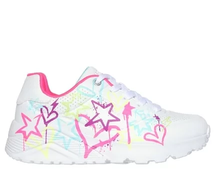 حذاء رياضي Skechers Uno Lite My Drip للبنات بتصميم نجوم قطرات الطلاء، نعل داخلي من إسفنج ميموري فوم المبرد بالهواء، ونعل أوسط مبطن على شكل إسفين، أبيض متعدد الألوان، مقاس 37 - سكيتشرز - Image 7