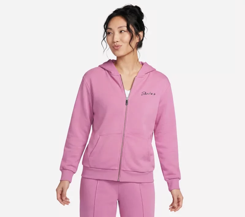 هودي سكيتشرز النسائي SKECH SWEATS بسحاب كامل بتصميم مميز، بغطاء رأس من قطعتين، وأساور وأطراف مضلعة، وجيوب أمامية واسعة، مصنوع من صوف فرنسي فائق النعومة، بلون وردي، مقاس كبير - سكيتشرز
