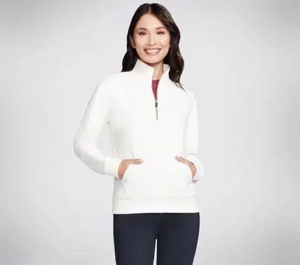 Skechers GO LUXE Rib 1/4 Zip Women's Pullover Off White Large Featuring Soft GO LUXE Fabric Long Sleeves 1/4 Zip Mock Neck Front Kangaroo Pocket SKU LT116 OFWT Skechers GO LUXE Rib 1/4 Zip Women's Pullover Off White Large Featuring Soft GO LUXE Fabric Long Sleeves 1/4 Zip Mock Neck Front Kangaroo Pocket SKU LT116 OFWT
