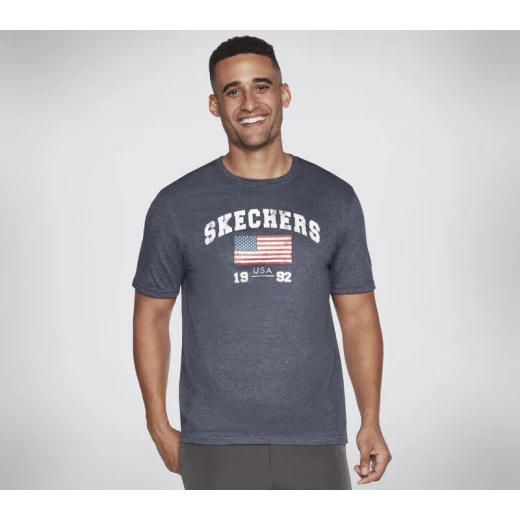 Skechers Men's Heritage Flag Tee Navy Cotton Blend Short Sleeve Shirt Skechers Men's Heritage Flag Tee Navy Cotton Blend Short Sleeve Shirt