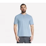 Skechers Men's Off Duty Short Sleeve Henley T Shirts Blue Size Large Featuring Recycled Cotton Blend GO DRI Pique Fabric with a Flat Knit Tipped Collar and 3 Button Placket - Skechers