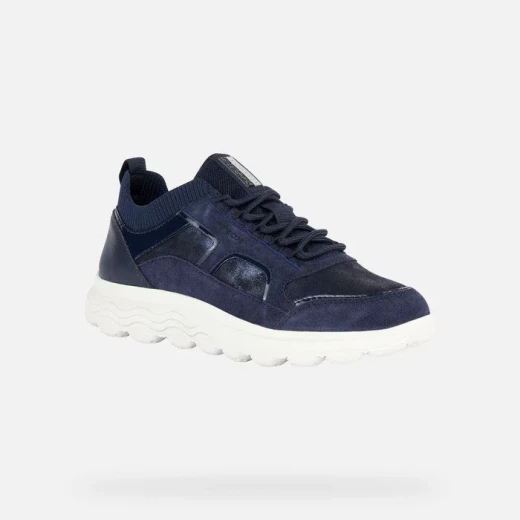 Geox Spherica Woman Navy Blue Sneakers with Suede and Shiny Leather Combination. Breathable and Cushioned Design, Size 36. Iconic Hi Tech Outsole for Enhanced Comfort and Style. - Geox - Image 3