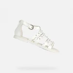 Geox Karly Girl Flat Sandals White Leather 28 with Silver Studs. Trendy and Comfortable Summer Footwear for Girls. Easy Exchange and Fast Delivery Available. J3535D.043BC.C1000 - Geox