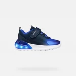 Activart Illuminus Boy's Navy Blue & Royal Blue Mesh Sneakers with Light Up Sole and Thermoplastic Details, Size 33, Breathable Design for Active Kids - Geox