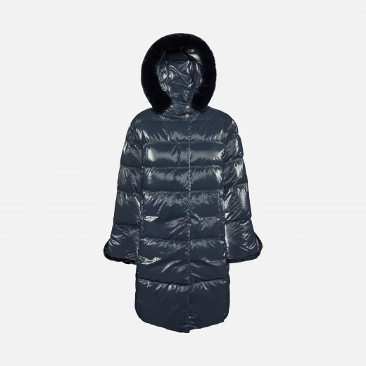 جاكيت Geox Skyely النسائي مبطن، بتشطيب معدني وحافة من الفرو الصناعي باللون الأزرق الداكن، تصميم طويل، مقاوم للرياح، متوفر بمقاس 40، ملابس خارجية عصرية - جيوكس - Image 5