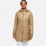 JAYSEN Woman's Longline Puffer Jacket Travertine Beige with Removable Hood Flared Cut for Women's Sizes. Shiny Nylon Fabric Warm Winter Outerwear with Urban Style 38 - Geox