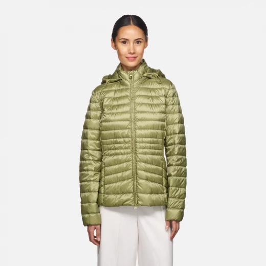 JAYSEN Woman's Lightweight Down Jacket with Removable Hood Sage Green Color, Windproof and Water Repellent 20 Denier Nylon, Size 38 for Transseasonal Wear - Geox - Image 4
