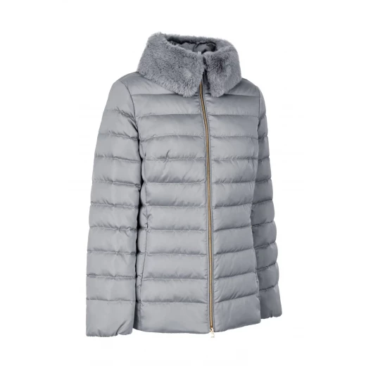 BETTANIE Woman's Down Jacket, Grey Satin Finish, Recycled Padding, Fur Detail, Hip Length, Stylish Protection for City Days, Size 40, Comfortable Warmth - Bettanie - Image 3