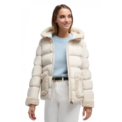 VILDE Jacket Woman Recycled Polyester Parka with Teddy Fur Detailing Windproof Water Repellent Winter Outerwear Size 44 Mid Moonbeam - Geox - Image 3