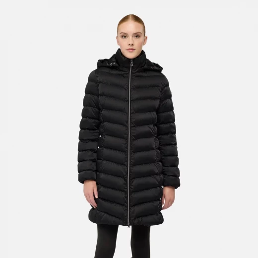 جاكيت زوسما نسائي طويل أسود مقاس 40 مع غطاء رأس قابل للفصل، قماش ساتان، بطانة وحشوة معاد تدويرها، مثالي للحياة في المدينة والحماية من الطقس السيئ - جيوكس - Image 3