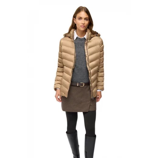 جاكيت زوسما نسائي قصير باللون البني ساتان، مقاس 42، بغطاء رأس قابل للفصل، مقاوم للرياح والأمطار، مصنوع من مواد معاد تدويرها، تصميم أنثوي لأناقة الطقس البارد - جيوكس - Image 4