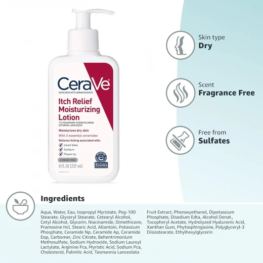 CeraVe Itch Relief Moisturizing Lotion 8 Ounce for Fast Itch Relief, Featuring Pramoxine Hydrochloride, Soothes Skin Irritations, Sunburn, and Bug Bites, Dermatologist Recommended 237 ml - CeraVe - Image 5