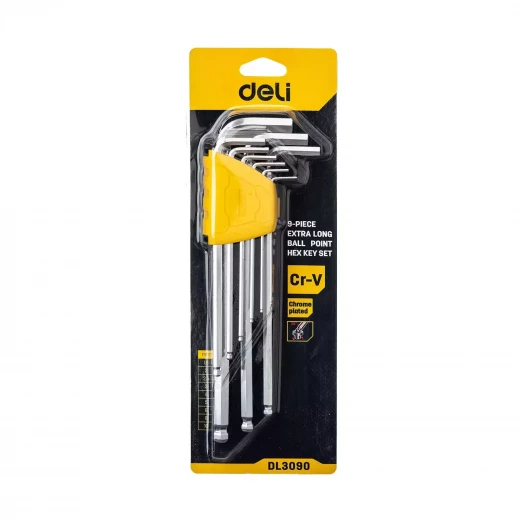 Deli 9 Piece Ball Point Hex Key Set Cr V Steel Extra Long Arm Deli 9 Piece Ball Point Hex Key Set Cr V Steel Extra Long Arm