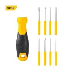 Deli 9 Piece Interchangeable Screwdriver Set with Ratchet Handle and Durable Black Finish, Includes Various Sized Screwdriver Bits for Versatile Use and Easy Storage