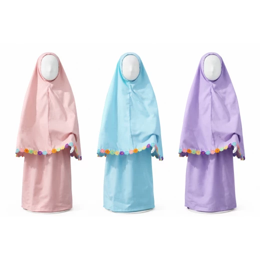 طقم صلاة للأطفال وردي بتطريزات زهرية مريح وخفيف هدية رمضان