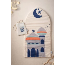 سجادة صلاة للأطفال مع حقيبة كروس زرقاء بتصميم إسلامي مقاس 120x70 سم مصنوعة من قماش ناعم ووسادة مريحة مثالية للأطفال لتشجيع الصلاة وتوفير مساحة صلاة منظمة