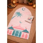 Kids Prayer Mat Pink with Cross Bag, Islamic Design, 70x120cm, Soft Fabric