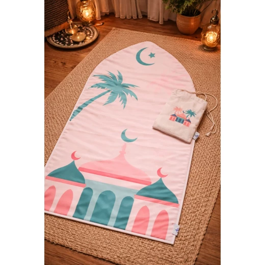 Kids Prayer Mat Pink with Cross Bag, Islamic Design, 70x120cm, Soft Fabric Kids Prayer Mat Pink with Cross Bag, Islamic Design, 70x120cm, Soft Fabric