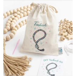 DIY Tasbeeh Kit for Kids: Create Your Own Prayer Beads Set with 21 Wooden Beads, Star Bead, Jute Cord, Plastic Needle, and Instruction Card. Blue.