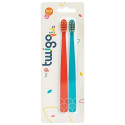 Flipper Twigo Kids Toothbrush Set, Extra Soft Bristles, Orange and Blue, 2 Pack