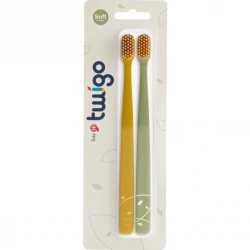 Flipper Twigo Adults Toothbrush Gentle Bristles Mustard Yellow & Olive Green Set