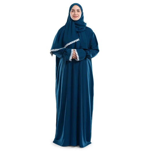 أردني للسجاد الحضري ملابس صلاة إسلامية من الكريب باللون الأزرق تصميم قطعة واحدة تغطية كاملة قابلة للتنفس - اربن رجز - Image 2