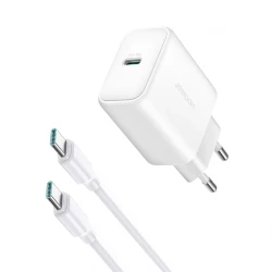 شاحن جداري جوي روم JR-TCF24 بمنفذ USB-C بقوة 30 واط، شحن سريع، أبيض، مع كابل USB-C