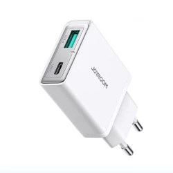 شاحن جداري جوي روم JR-TCF14 فائق النحافة 20 واط بمنفذي USB-A و USB-C أبيض