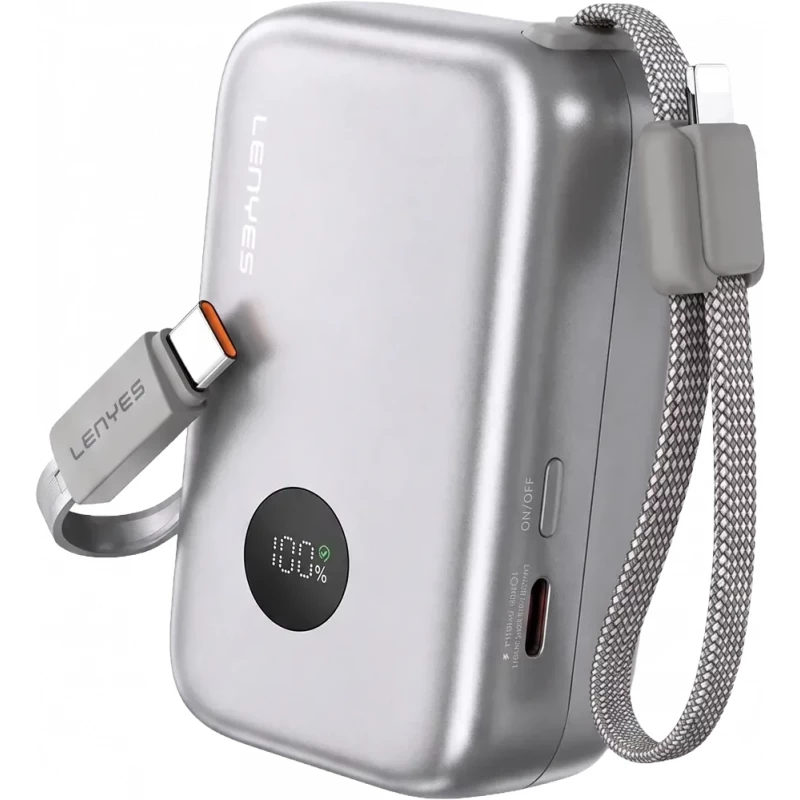 LENYES PX174D 10000mAh 45W Power Bank with Digital Display and 2 Built-in Cables Silver - Lenyes