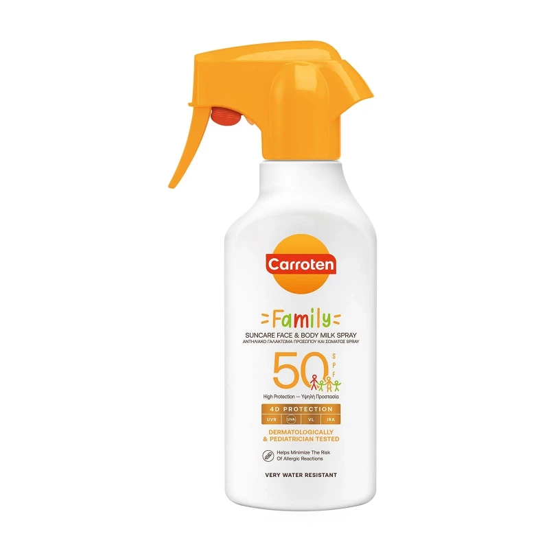 Carroten Family Sunscreen Milk Spray SPF50 270ml, Broad Spectrum Protection - Carroten
