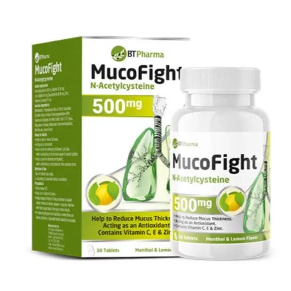 BT Pharma Mucofight 500mg Tablets Acetylcysteine Mucolytic Respiratory Support 30 Count - BT PHARMA