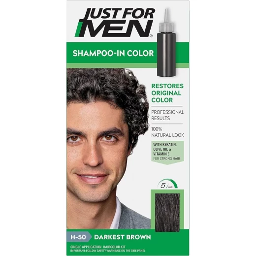 Just For Men Hair Color Darkest Brown H50, Permanent Grey Coverage Hair Dye, Natural Looking Color, Easy Application, Includes Comb Applicator, 1 Application Per Box Just For Men Hair Color Darkest Brown H50, Permanent Grey Coverage Hair Dye, Natural Looking Color, Easy Application, Includes Comb Applicator, 1 Application Per Box