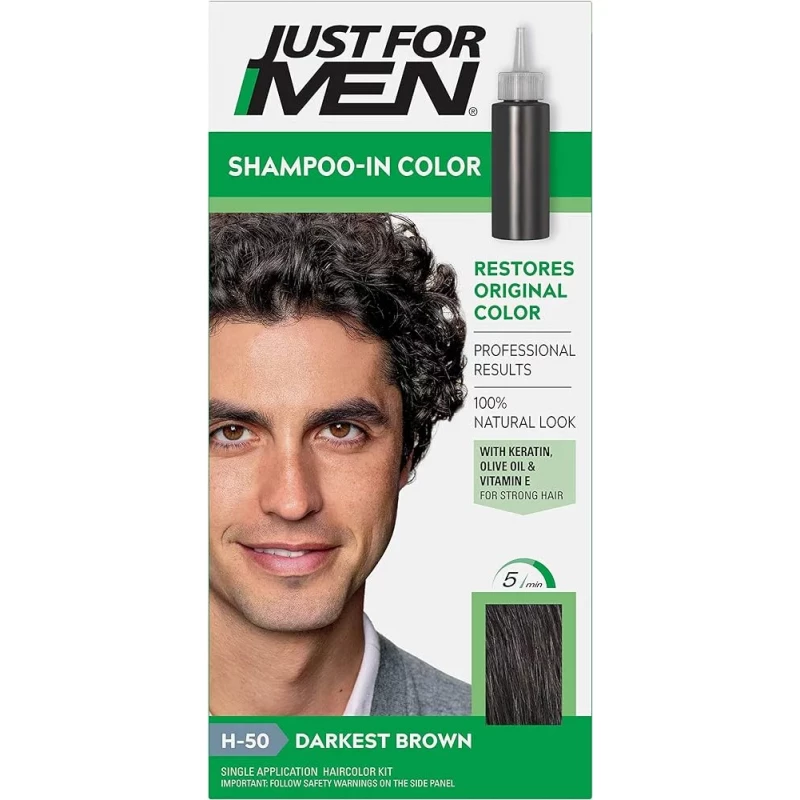Just For Men Hair Color Darkest Brown H50, Permanent Grey Coverage Hair Dye, Natural Looking Color, Easy Application, Includes Comb Applicator, 1 Application Per Box