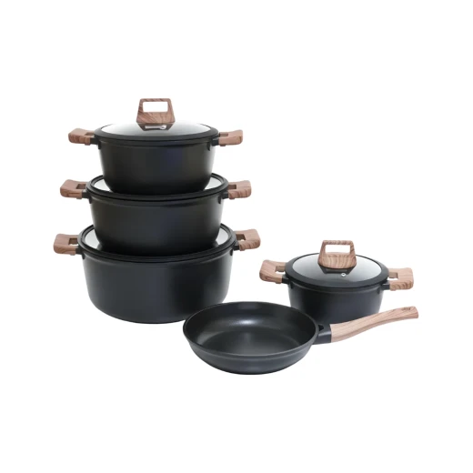 Granite Cookware Set | Layla Model | 9 Pieces | Black with wood - Black Granite Cookware Set | Layla Model | 9 Pieces | Black with wood - Black
