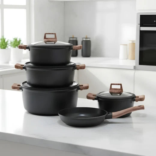 Granite Cookware Set | Layla Model | 9 Pieces | Black with wood - Black - Cookware Set - Image 2
