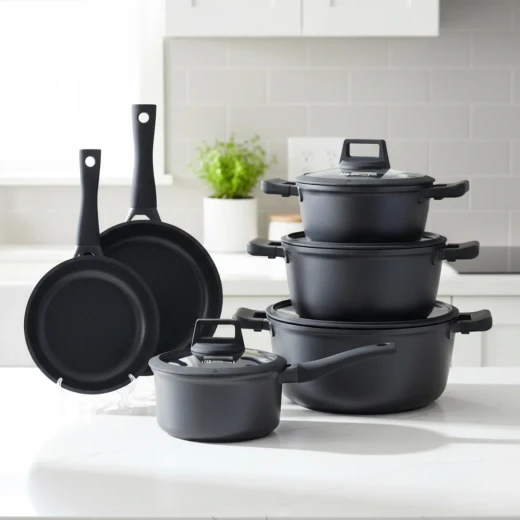 Granite Cookware Set | Layla Model | 10 Pieces | Black and Wood - Black - Cookware Set - Image 2