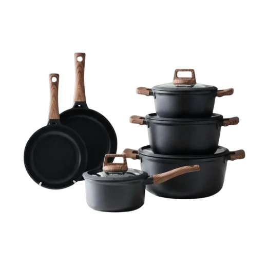 Granite Cookware Set | Layla Model | 10 Pieces | Black and Wood - Black - Cookware Set - Image 3