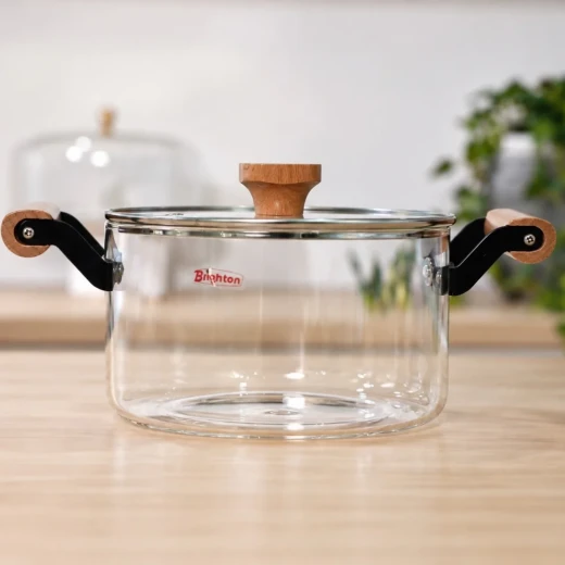 Cookware Set Clear Pyrex Pot with Soft Wood Handles | 2.5 L - Cookware Set - Image 3