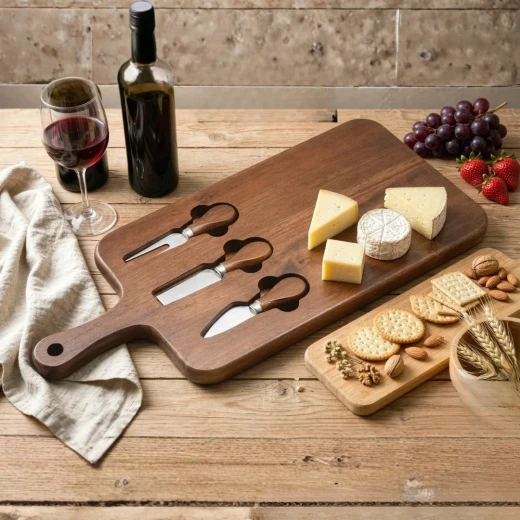 Wooden Cheese Board with 3 Cheese Knives - Wooden - Image 2