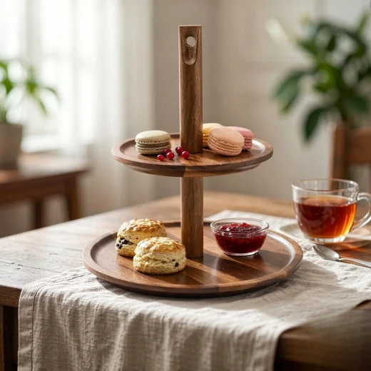 Two-Tier Round Wooden Serving Tray – Natural - Wooden - Image 2