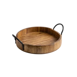 Wooden Round Acacia Wood Serving Tray with Metal Handles – natural